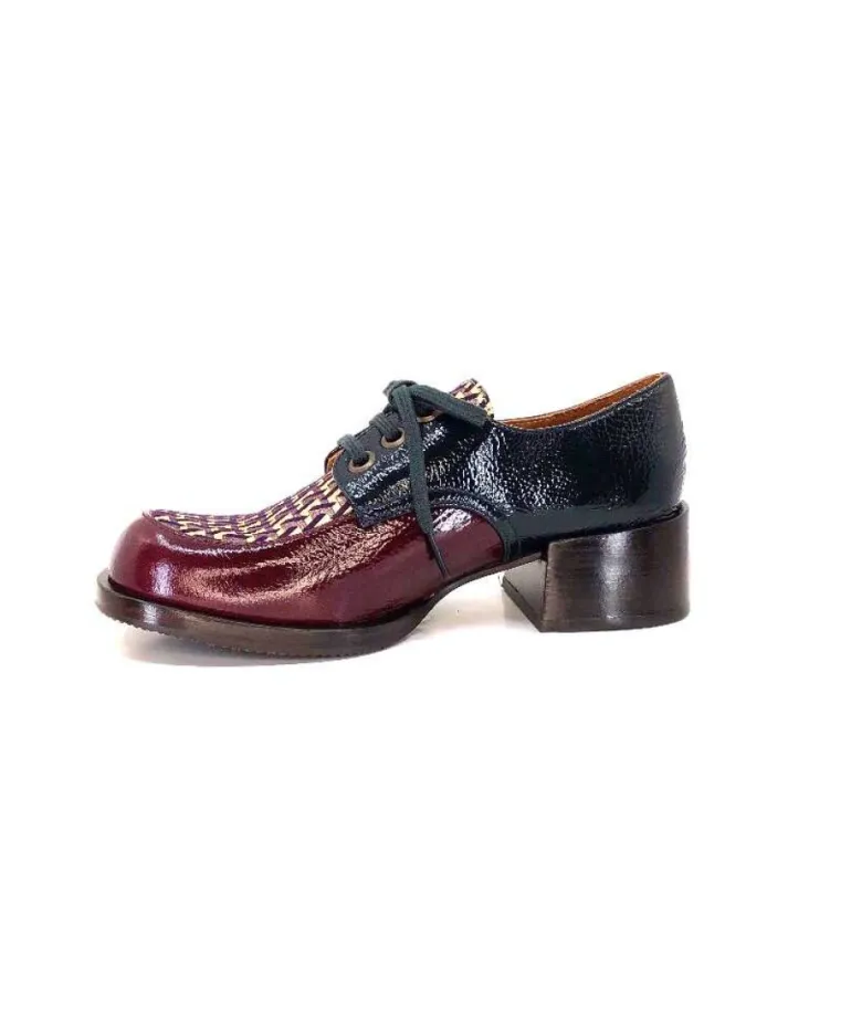 Chie Mihara Trudu Cuir Vernis Purple, Vert & Toile Satin Imprimee